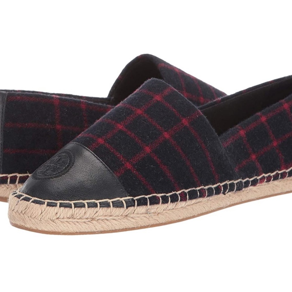 NWT! NEW IN BOX! Tory Burch Flat Slip On Espadrilles Navy Red Plaid Size 8